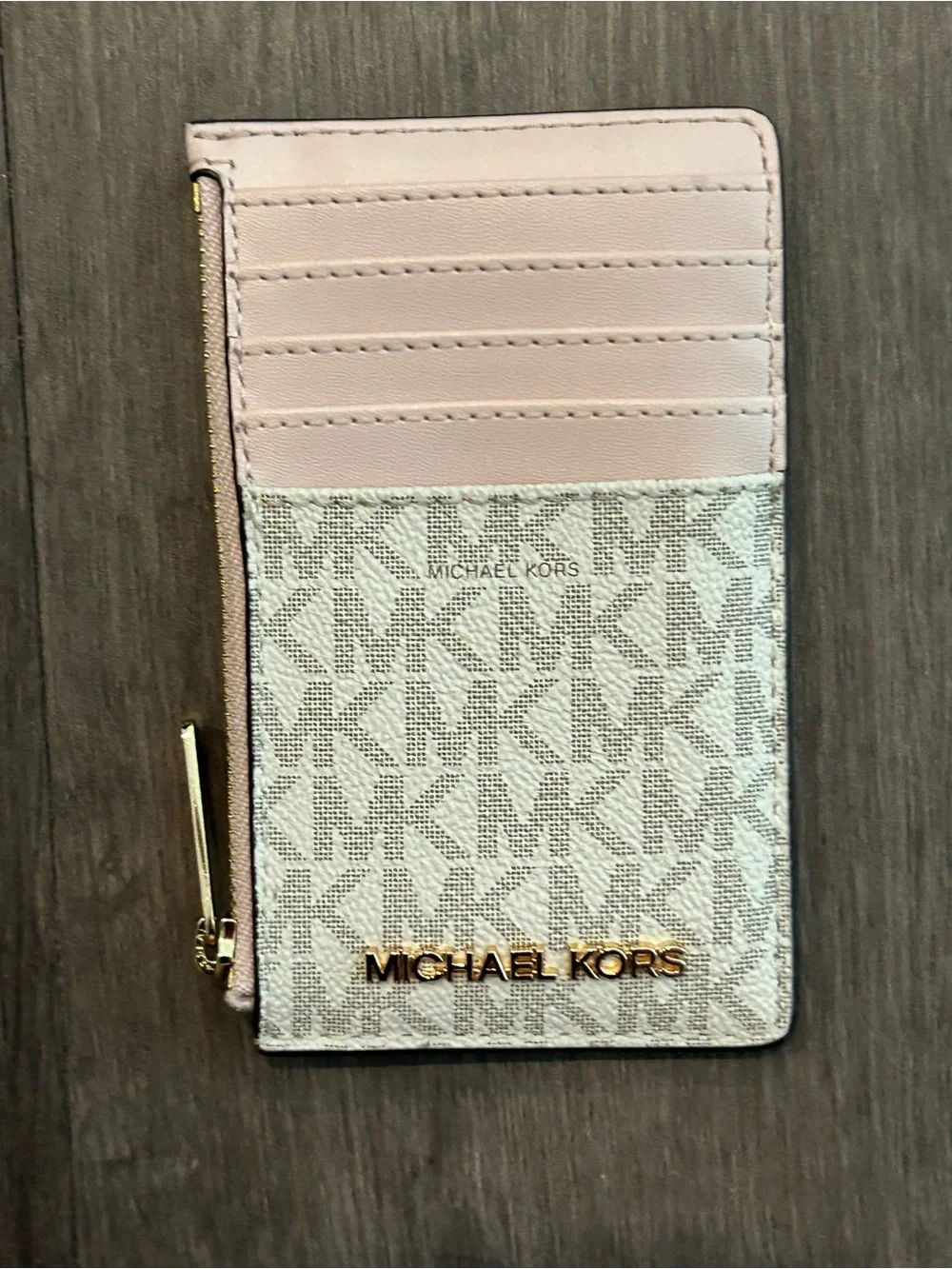 MICHAEL KORS Pink and Cream Signature Cardholder with Gold Logo